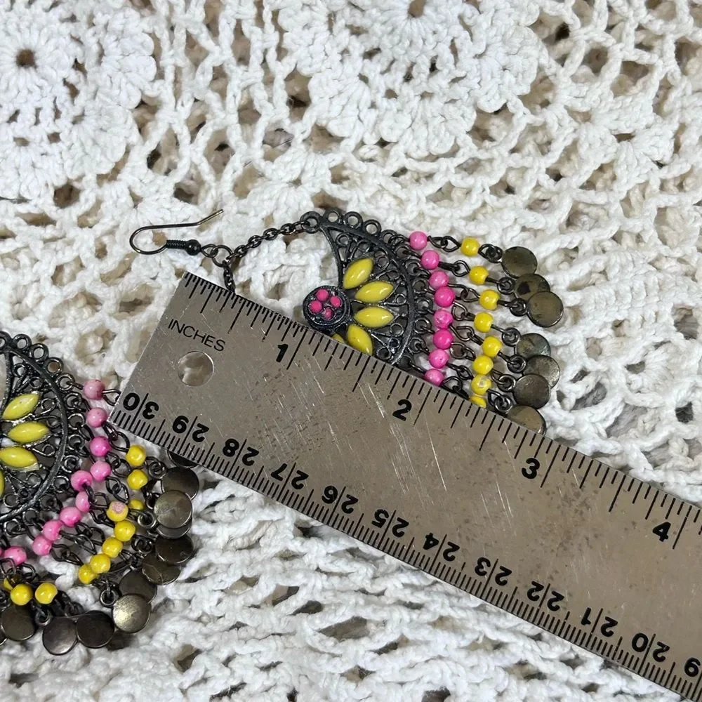 Dangle Hook Chandelier Earrings Boho Filigree Bead Pink Yellow Black Drop